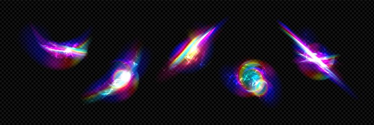 Vetor grátis efeito de flare de luz do arco-íris e vetor de sobreposição de prisma de cristal brilho e brilho de diamante brilho iridescente desenho de textura de refração de lente transparente mágica abstrata reflexão de jóias de glamour cáustico