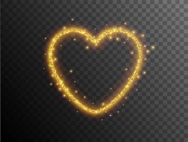 Vetor grátis efeito de luz coração em forma de fundo preto. coração de néon brilhante dourado com poeira luminosa e brilhos. coração luminoso. efeito de luz elegante abstrato.