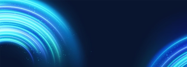 Vetor grátis efeito de luz de néon do anel do planeta azul com linha de círculo brilho energia digital twirl com expansão de flare mágico espaço curva órbita vetor ilustração abstrato galáxia elemento circular disco forma quadro