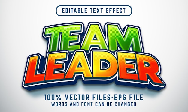 Efeito de texto 3d do líder da equipe. texto editável com vetores premium de estilo brilhante