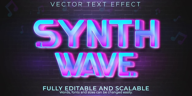 Efeito de texto de onda de sintetizador musical, estilo de texto retro e neon editável