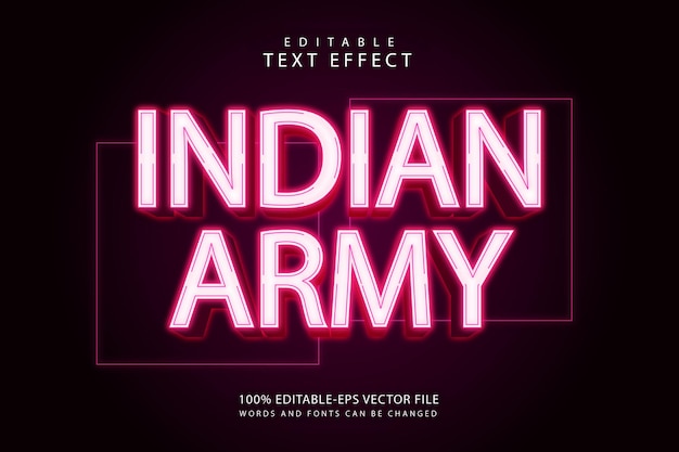 Efeito de texto editável do exército indiano 3 dimensões estilo neon