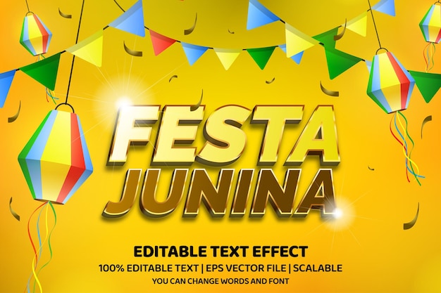 Efeito de texto editável festa junina com elemento de bandeira e lanterna de festa