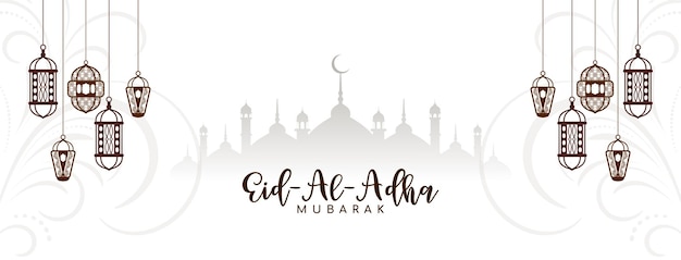 Eid al adha mubarak banner com design de lanternas