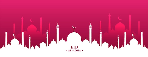 Eid al adha mubarak com mesquita islâmica em banner de cores planas