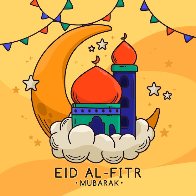 Vetor grátis eid al-fitr desenhado à mão - ilustração de eid mubarak