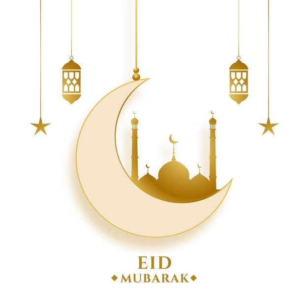 Eid festival deseja cartão com mesquita da lua e lanternas