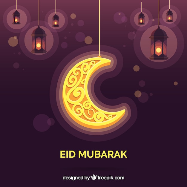 Vetor grátis eid mubarak, decorativo, dourado, lua, fundo