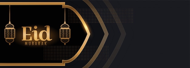 Eid mubarak lindo banner preto e dourado