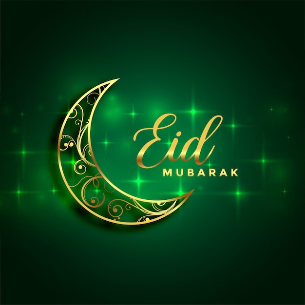 Eid mubarak lua dourada e brilhos fundo verde