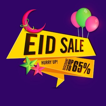 Eid sale banner em papel ou tag design decorado com lua crescente rosa, estrelas e balões voadores, conceito de festivais da comunidade muçulmana.