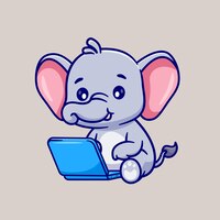 Vetor grátis elefante bonito trabalhando na ilustração de ícone de vetor de desenho animado portátil. ícone de tecnologia animal isolado