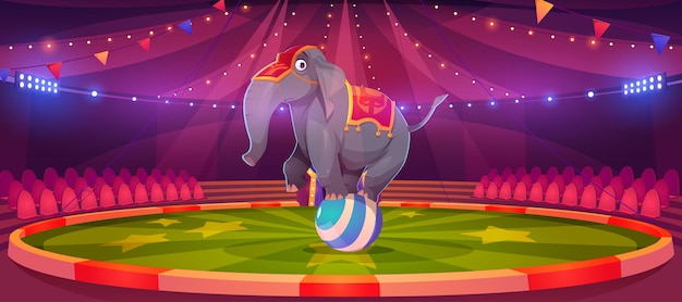 Vetor grátis elefante de circo em pé na bola na grande arena da tenda com guirlandas. entretenimento de carnaval com acrobata de animal selvagem se apresentando no palco, show de mágica do parque de diversões do parque de diversões, ilustração em vetor dos desenhos animados