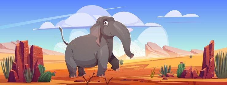 Vetor grátis elefante engraçado andar no deserto paisagem desenho animado animal selvagem personagem em fundo de natureza deserta ...