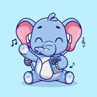Vetor grátis elefante fofo ouvindo música com fone de ouvido desenho vetorial ícone ilustração música animal isolada
