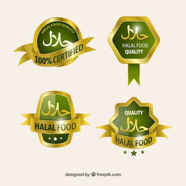 Elegante conjunto de rótulos de comida halal com estilo dourado