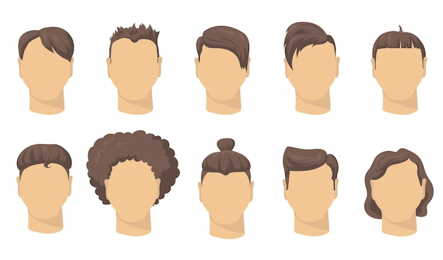 Vetor grátis elegante corte de cabelo masculino diferente plano definido para web design. desenhos animados homem penteados curtos para descolados coleção de ilustração vetorial isolado. barbearia, conceito de moda e estilo