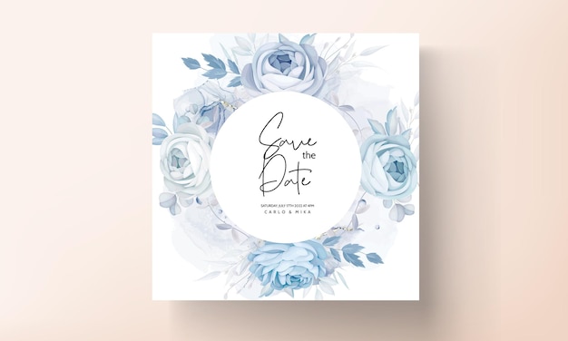Elegante flor de peônia azul e folhas de design de cartão de convite de casamento
