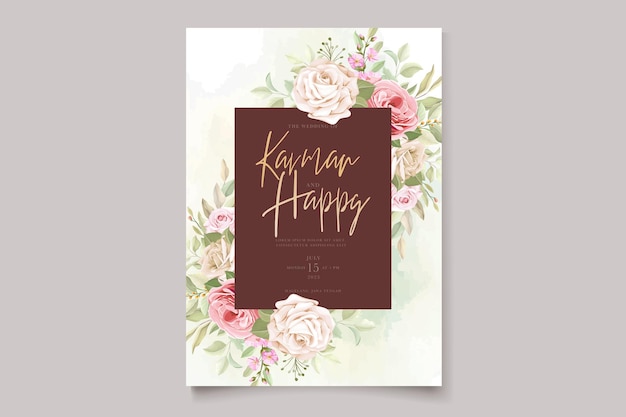 Elegante mão desenhada floral e deixa conjunto de cartão de convite de casamento Vetor Premium
