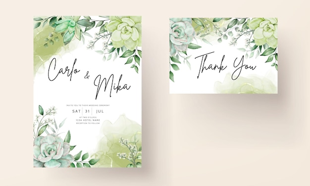 Vetor grátis elegante verde aquarela floral cartão de convite de casamento