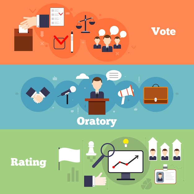 Eleições e voto bandeira plana definida com ilustração em vetor isolar classificação oratória