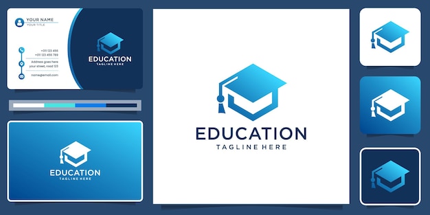 Elemento de design de educação de logotipo de chapéu de faculdade. design de logotipo e cartão de visita premium vector