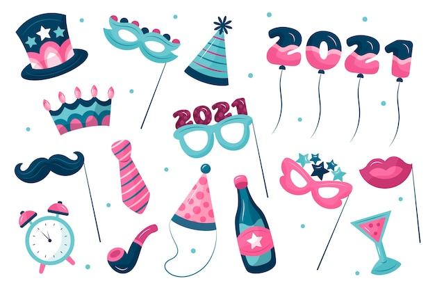 Elementos da festa de ano novo em tons de azul e rosa