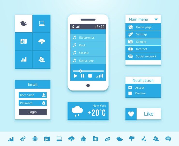 Vetor grátis elementos da interface do sistema operacional em azul.