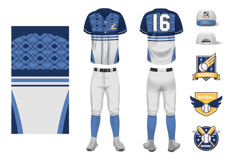 Vetor grátis elementos da maquete realista uniforme de camisa de beisebol com chapéus e emblemas de logotipo isolado ilustração vetorial
