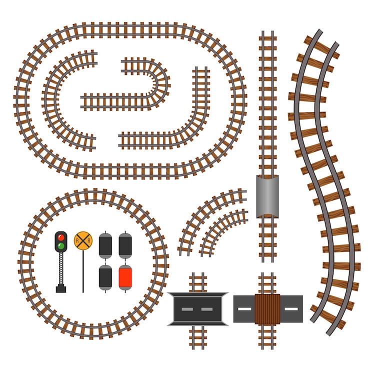 Vetor grátis elementos de construção de ferrovias e trilhos. estrutura de via ondulada para ilustração de trem de tráfego
