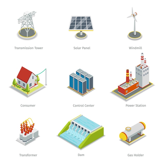 Elementos de grade inteligente. conjunto de itens de rede inteligente de energia.