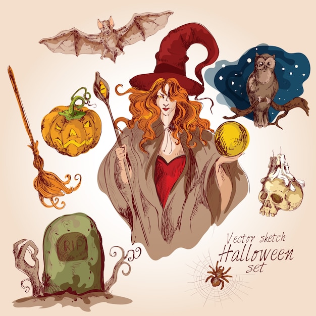 elementos de Halloween desenhados mão