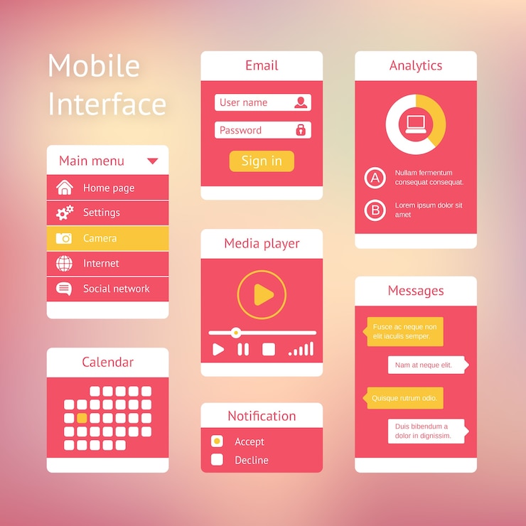 Vetor grátis elementos de interface para aplicativos móveis. o painel lista o calendário do jogador e o bate-papo