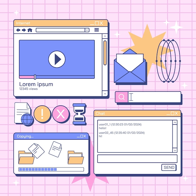 Vetor grátis elementos de janelas de computador retrô desenhados à mão
