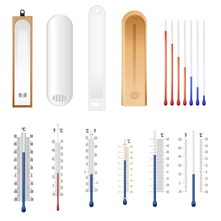 Vetor grátis elementos de termômetro simulam medições meteorológicas com escala celsius e fahrenheit conjunto realista isolado ilustração vetorial