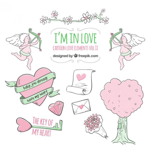 Vetor grátis elementos desenhados mão do amor no estilo dos desenhos animados
