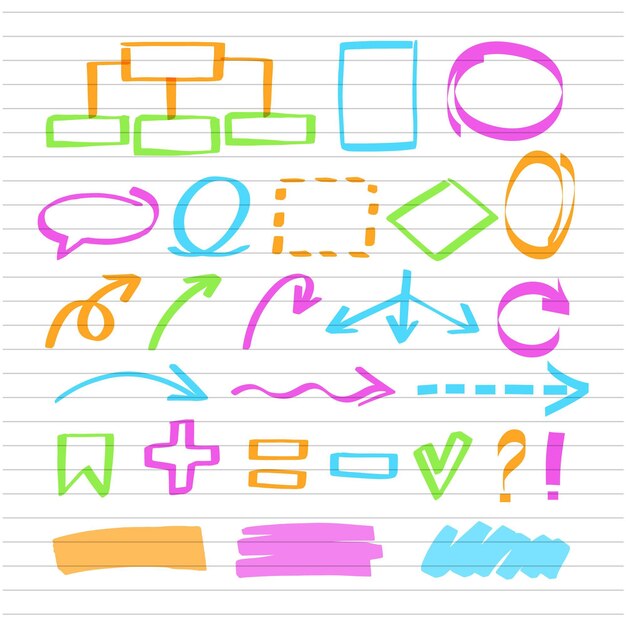 Elementos do infográfico escolar com marcadores coloridos