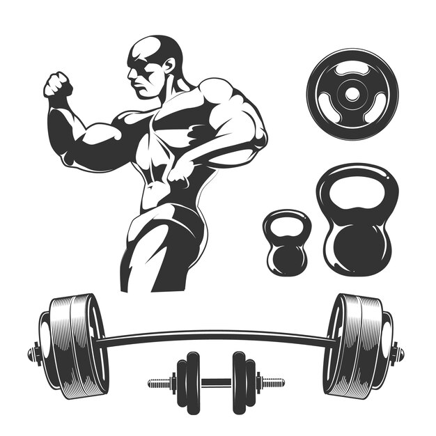 Elementos do vetor para rótulos vintage de fitness e ginásio. Elemento de ginástica, musculação e halteres, barra para ilustração de etiqueta