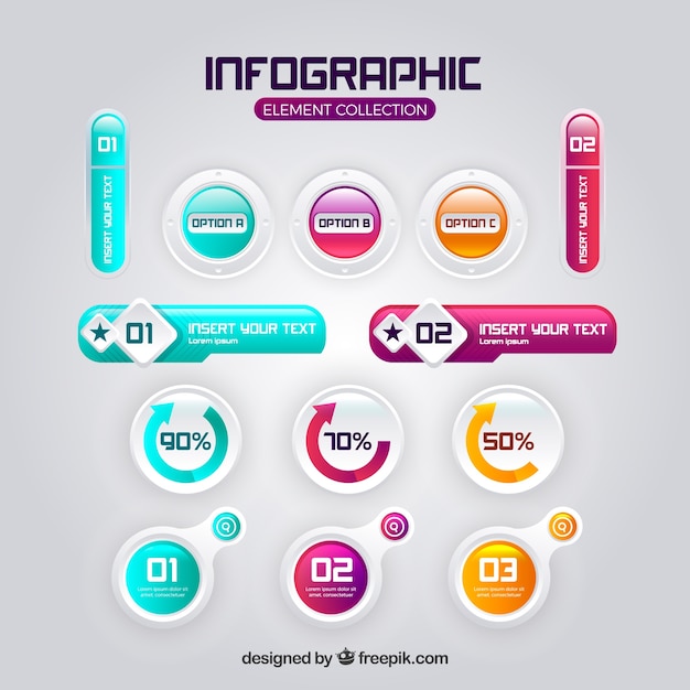 Elementos infográficos coloridos com efeito gradiente