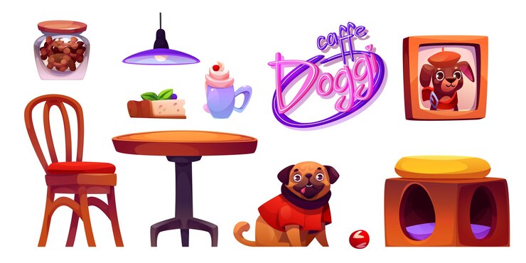 Vetor grátis elementos interiores de cafés amigáveis para cães