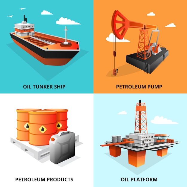Vetor grátis elementos isométricos de conceito de indústria de petróleo quadrado com plataforma de extração e petroleiro transporte ilustração vetorial isolado