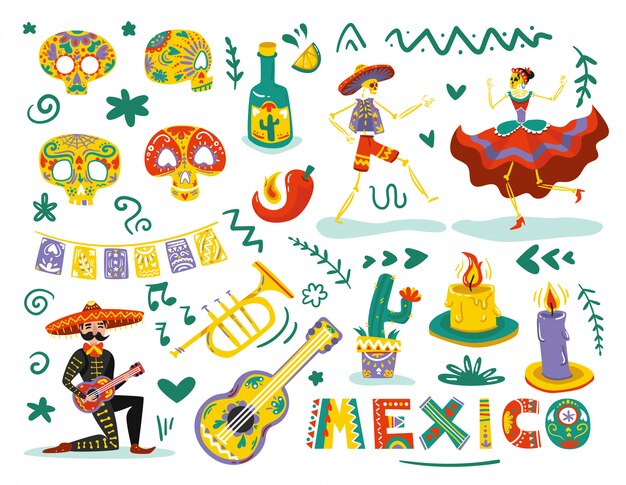 Elementos mortos do dia mexicano atribuem conjunto colorido com dança esqueletos máscaras de caveiras de açúcar