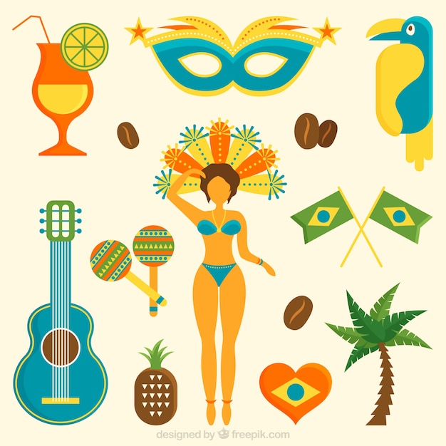 Vetor grátis elementos planos de carnaval brasil em estilo colorido