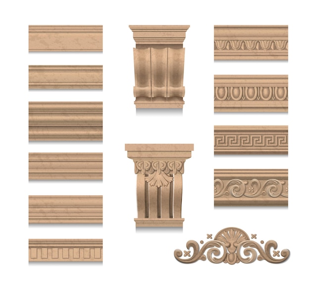 Vetor grátis elementos realistas de madeira de decoração de parede em estilo clássico, como decoração de coluna de rodapé de cornija ilustração vetorial isolada