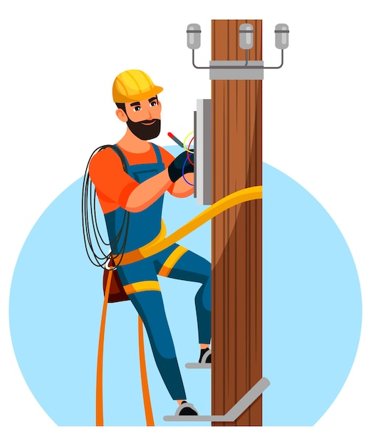 Eletricista reparando a instalação elétrica da cidade Homem de capacete e uniforme subindo em poste de madeira com cabo e fio na caixa rede elétrica e serviço de suporte de linha de energia de manutenção do sistema
