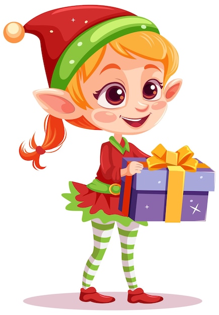 Vetor grátis elf girl cartoon personagem de natal segurando presente