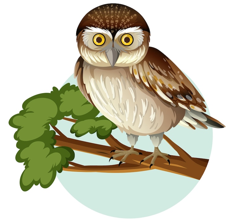 Vetor grátis elf owl standing on branch in cartoon style isolated on white background