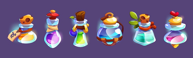 Vetor grátis elixir mágico em garrafa conjunto de ícones de frasco de poção de fantasia frasco de desenho animado ui com líquido medicina de amor alquimista ou laboratório de bruxas interface de rpg ilustração de objeto de jarro isolado com tag