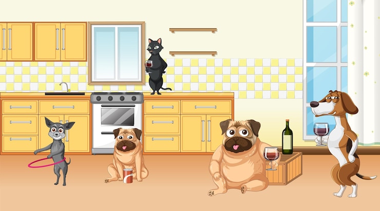 Vetor grátis em cena de casa com cães bebendo vinho