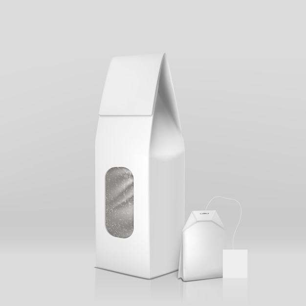 Embalagem de chá preto natural 3d realista com saquinho de chá e branco em branco, papel selado hermético